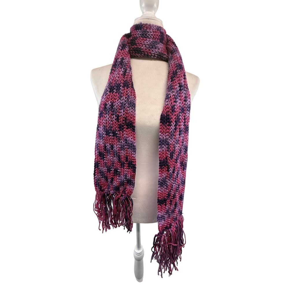 SKU3025 Handmade Pink & Purple Crochet Scarf with Fringes 6" x 76" USA Made